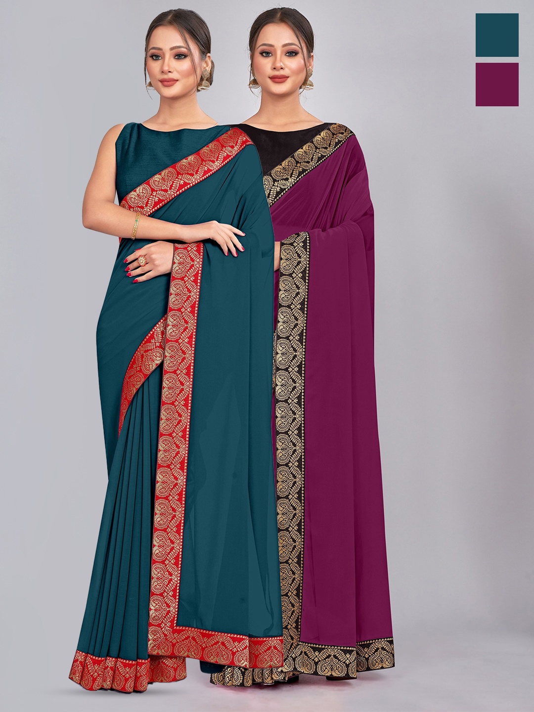 

CastilloFab Selection Of 2 Pure Georgette Saree, Teal