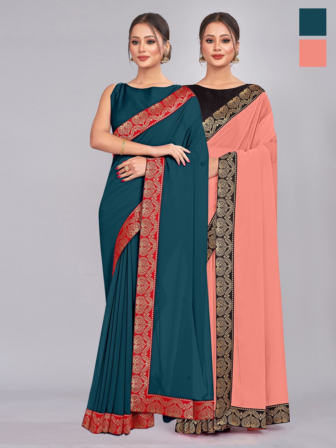 

CastilloFab Selection Of 2 Pure Georgette Sarees, Teal
