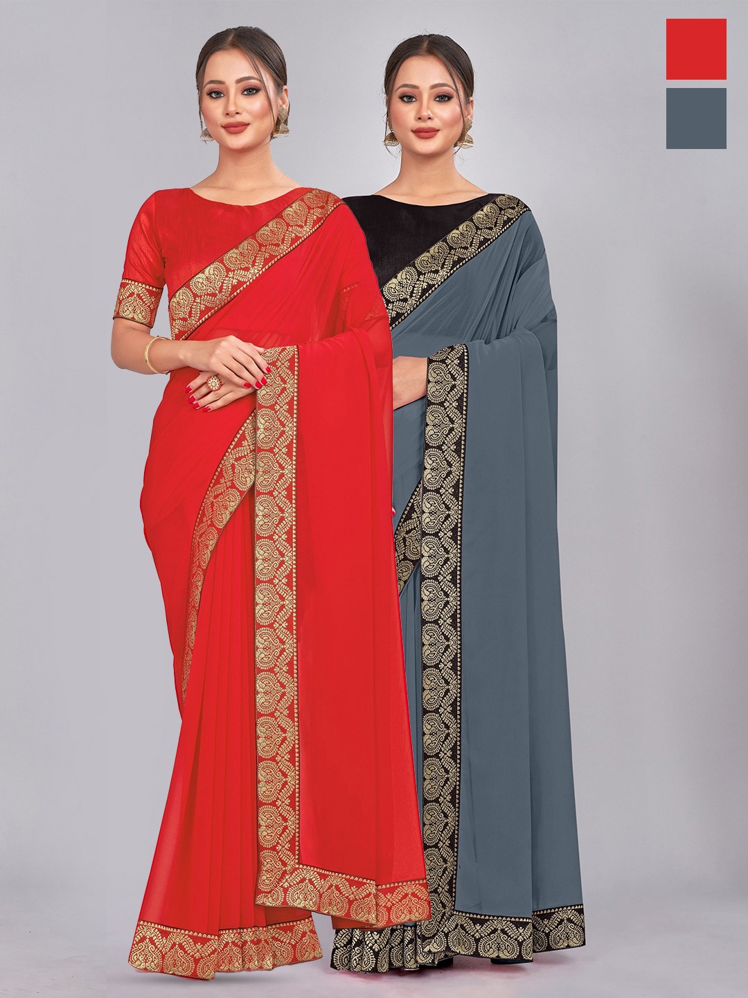 

CastilloFab Selection Of 2 Pure Georgette Saree, Red