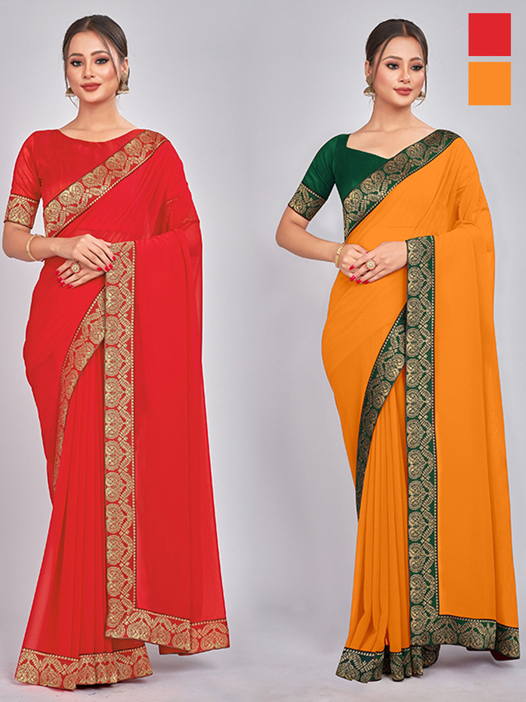 

CastilloFab Selection Of 2 Pure Georgette Lace Saree, Red