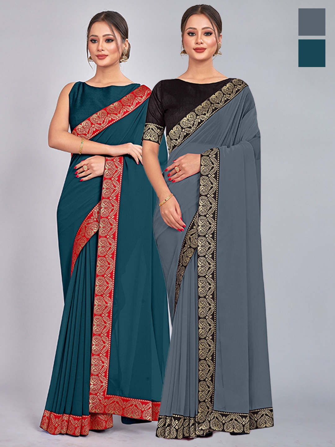 

CastilloFab Selection Of 2 Pure Georgette Saree, Teal