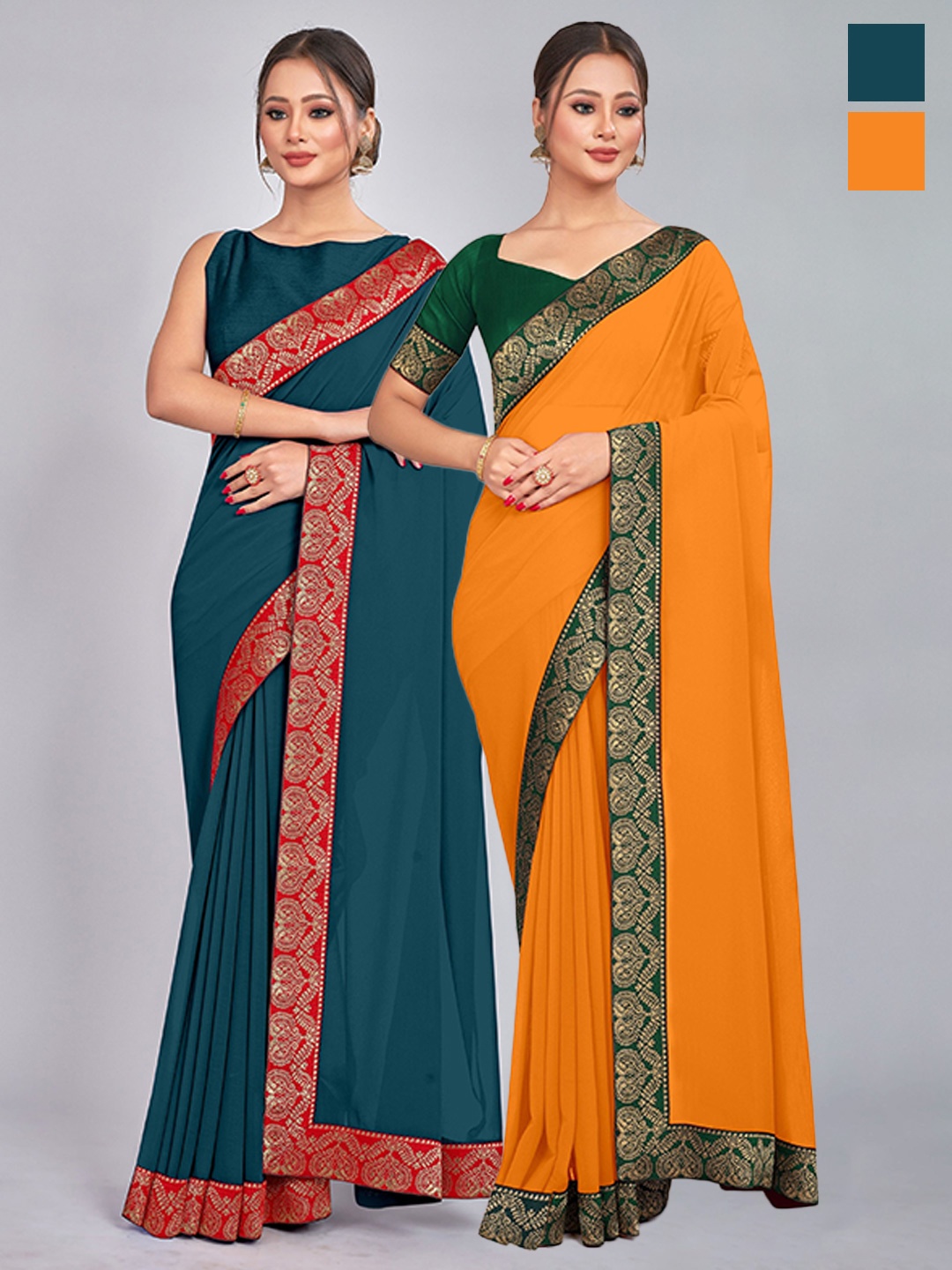 

CastilloFab Selection Of 2 Pure Georgette Saree, Teal