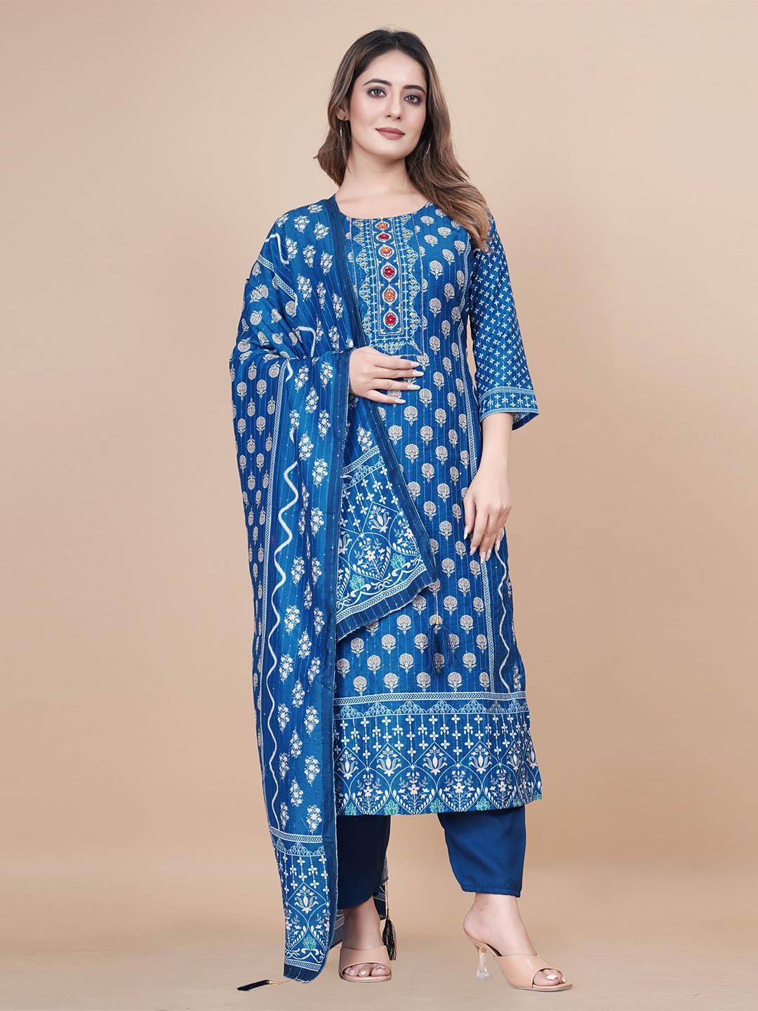 

rashora Floral Chiffon A-Line Kurta Set, Blue