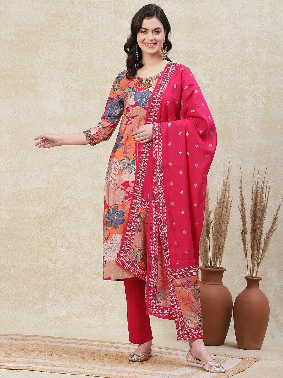 

FASHOR Peach Floral Printed Regular Zardozi Kurta with Trousers Dupatta