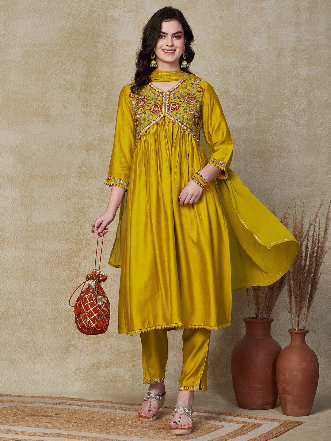 

FASHOR Yellow Floral Embroidered Mirror Work Empire Kurta with Trousers Dupatta