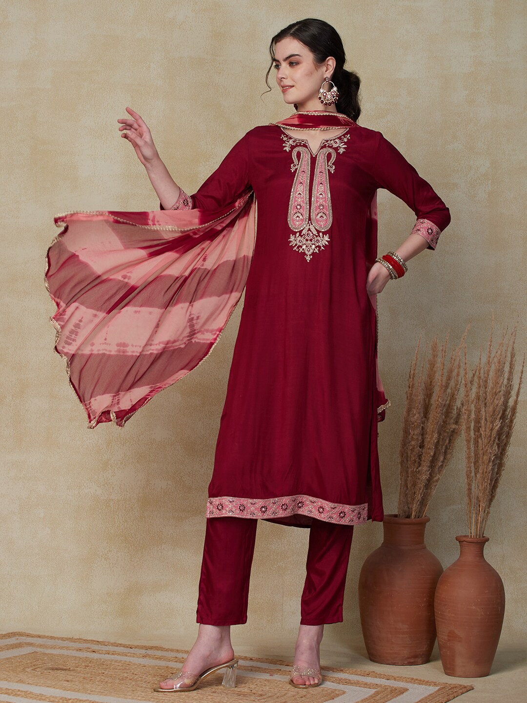

FASHOR Red Paisley Yoke Design Mirror Work Kurta with Trousers Dupatta, Maroon