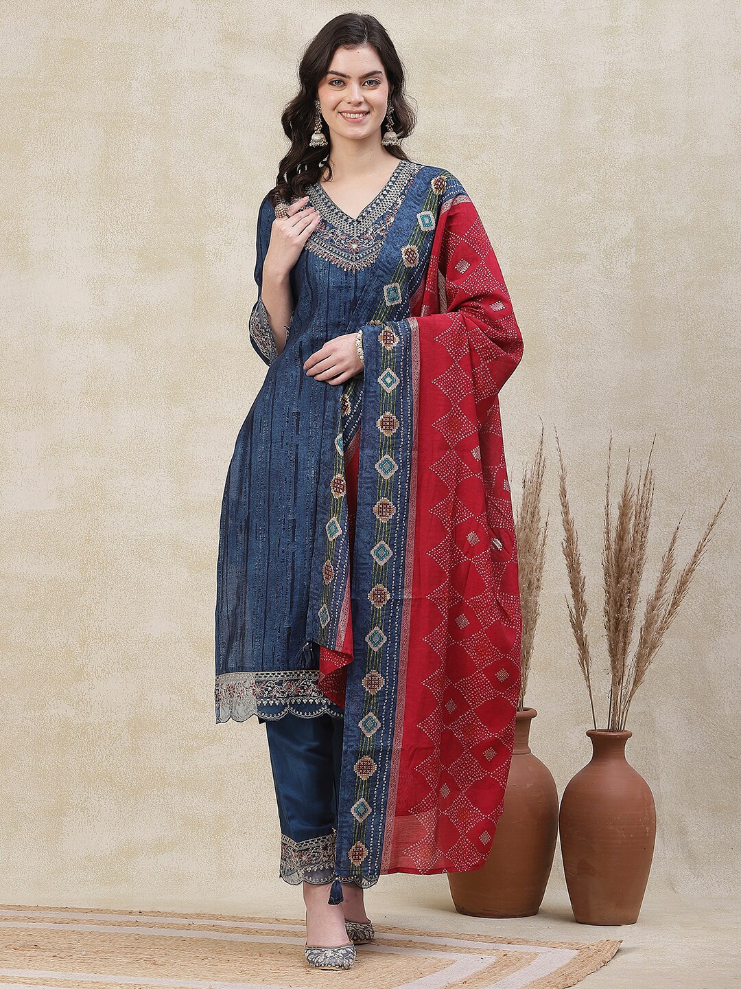 

FASHOR Ethnic Motifs Yoke Design Thread Work Kurta with Trouser & Dupatta, Blue