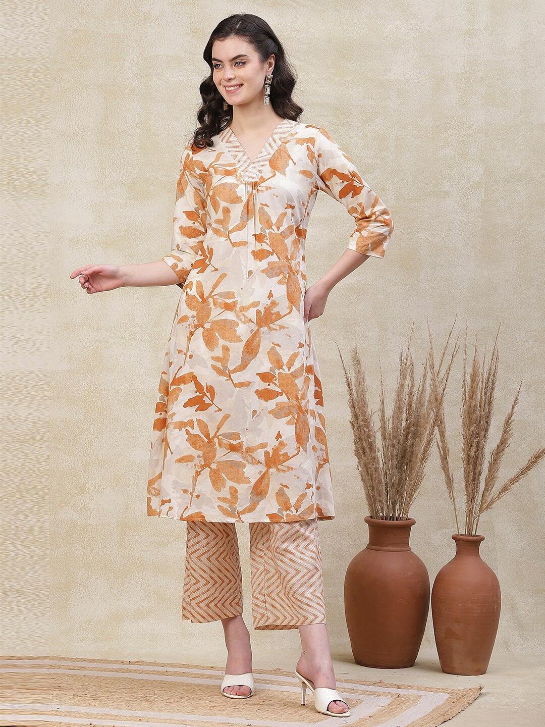 

FASHOR Cream Floral Printed Pleated Cotton A-Line Kurta with Palazzos