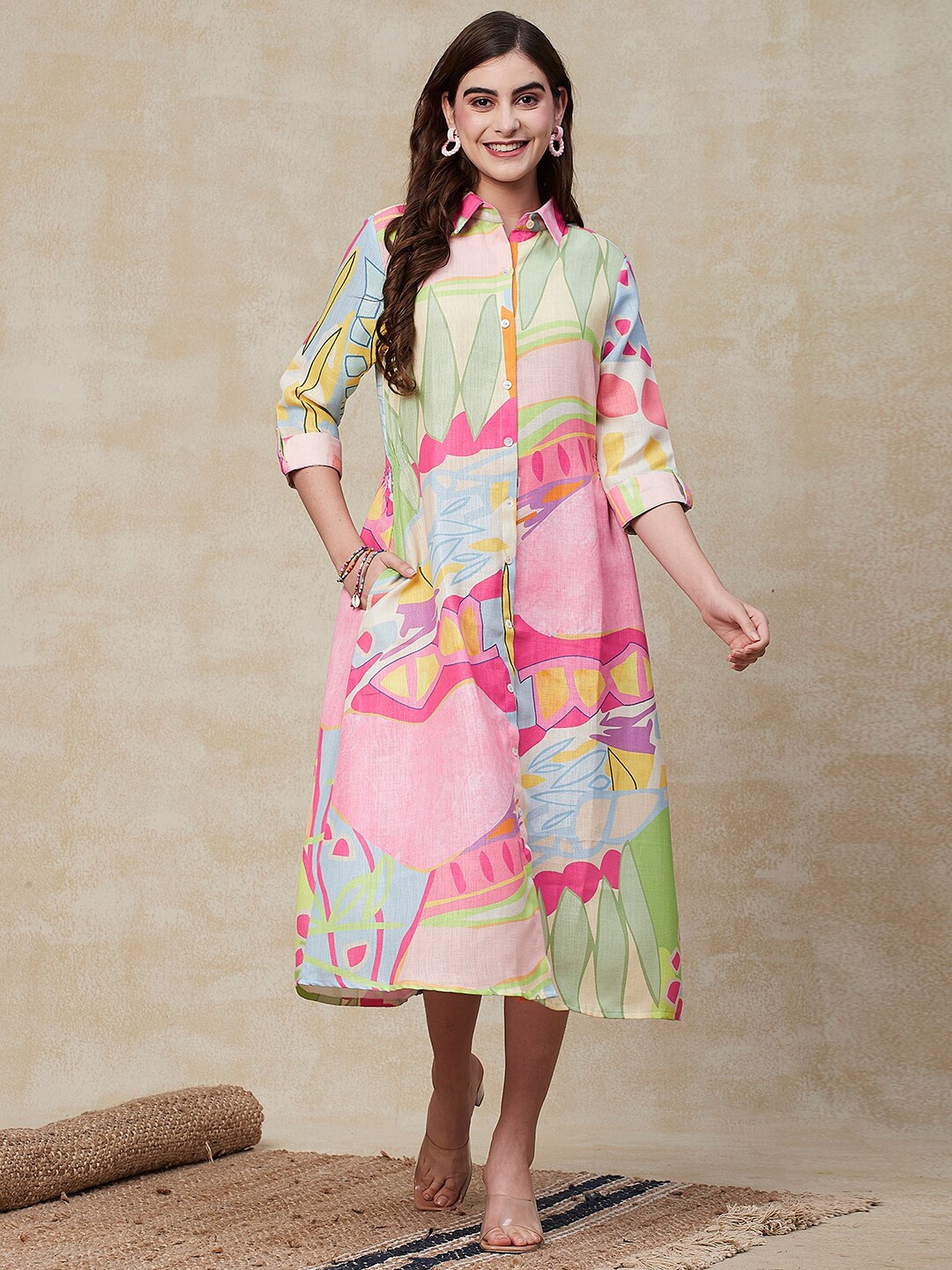 

FASHOR Abstract Printed Puff Sleeve A-Line Midi Dress, Green