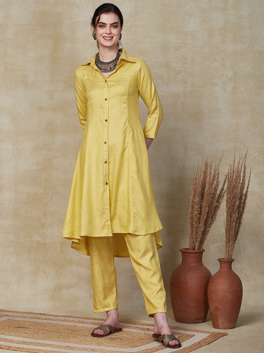 

FASHOR Striped Shirt Collar Panelled A-Line Kurta with Trouser, Yellow