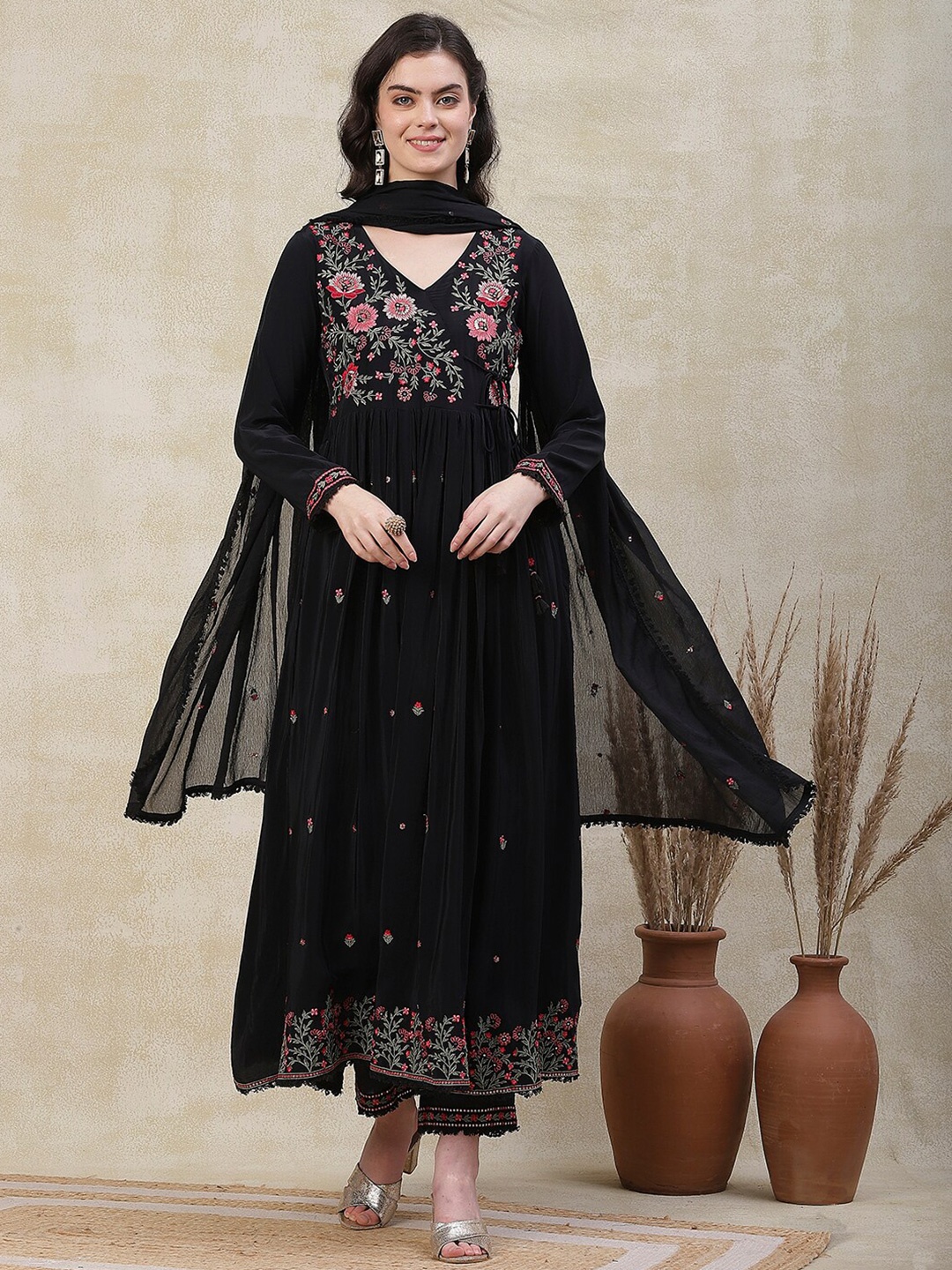 

FASHOR Black Floral Embroidered Pleated Mirror Work Anarkali Kurta with Trousers Dupatta