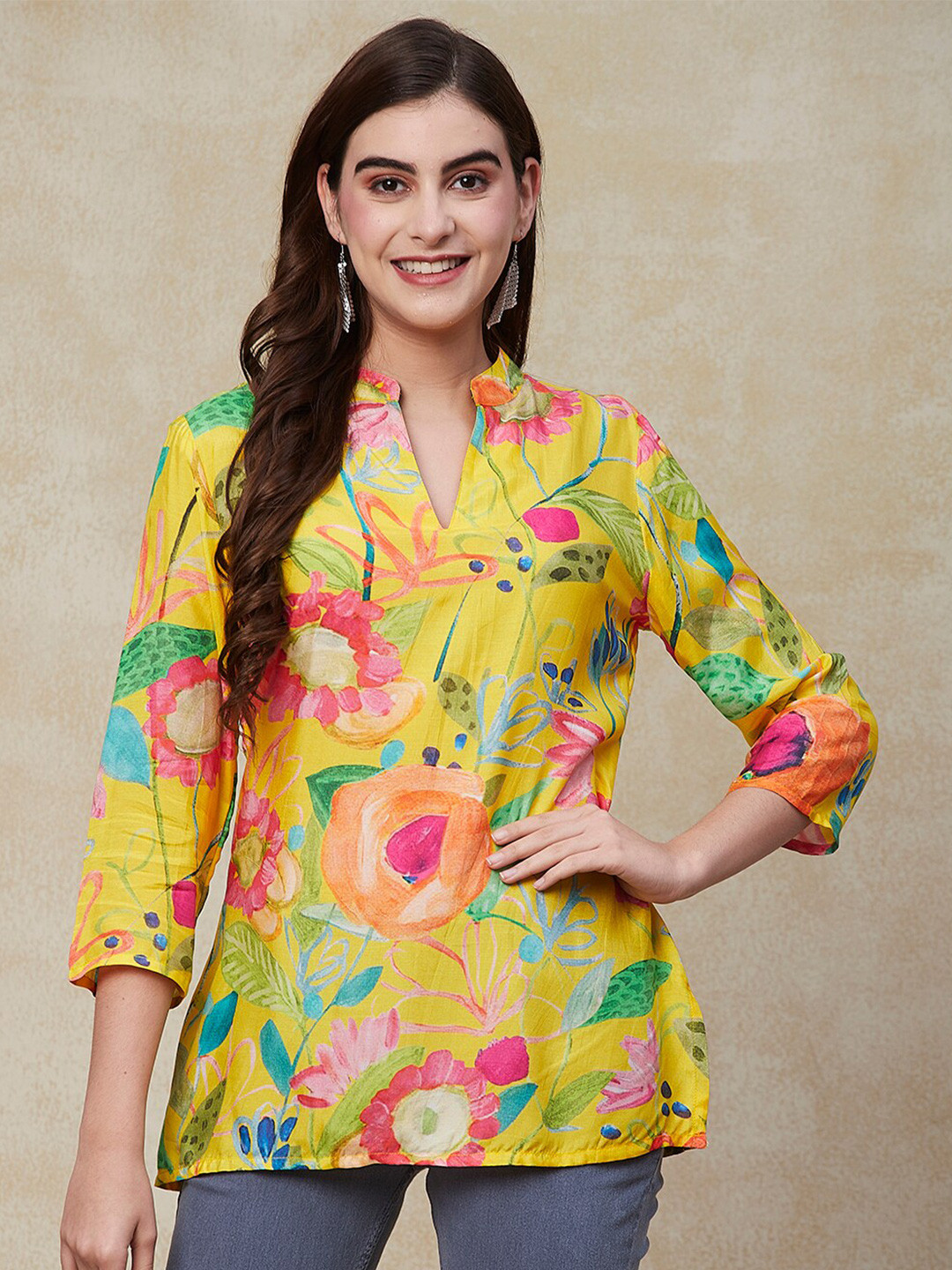 

FASHOR Floral Printed Kurti, Yellow