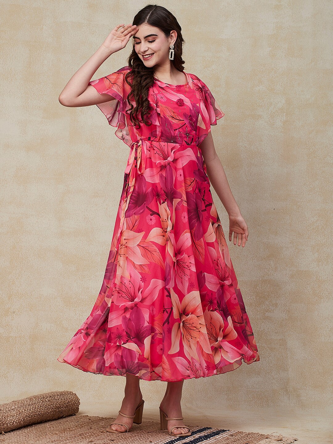 

FASHOR Floral Printed Flared Sleeve Chiffon Fit and Flare Maxi Dress, Red