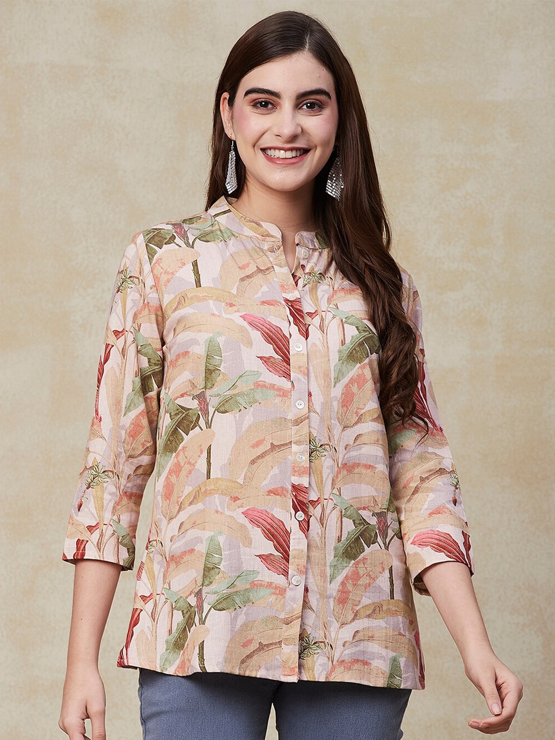 

FASHOR Floral Printed Cotton Mandarin Collar Straight Kurti, Beige
