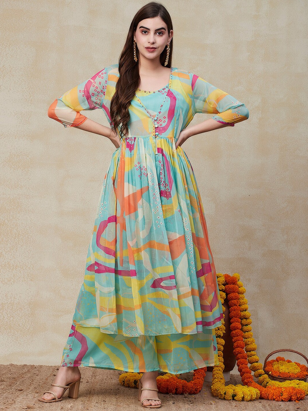 

FASHOR Abstarct Printed Beads and Stones Kurta With Palazzo, Green