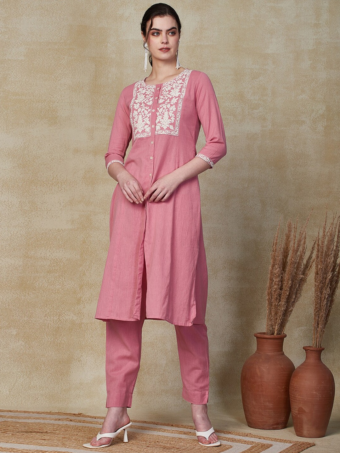

FASHOR Floral Panelled Thread Work Pure Cotton Kurta With Trouser, Pink