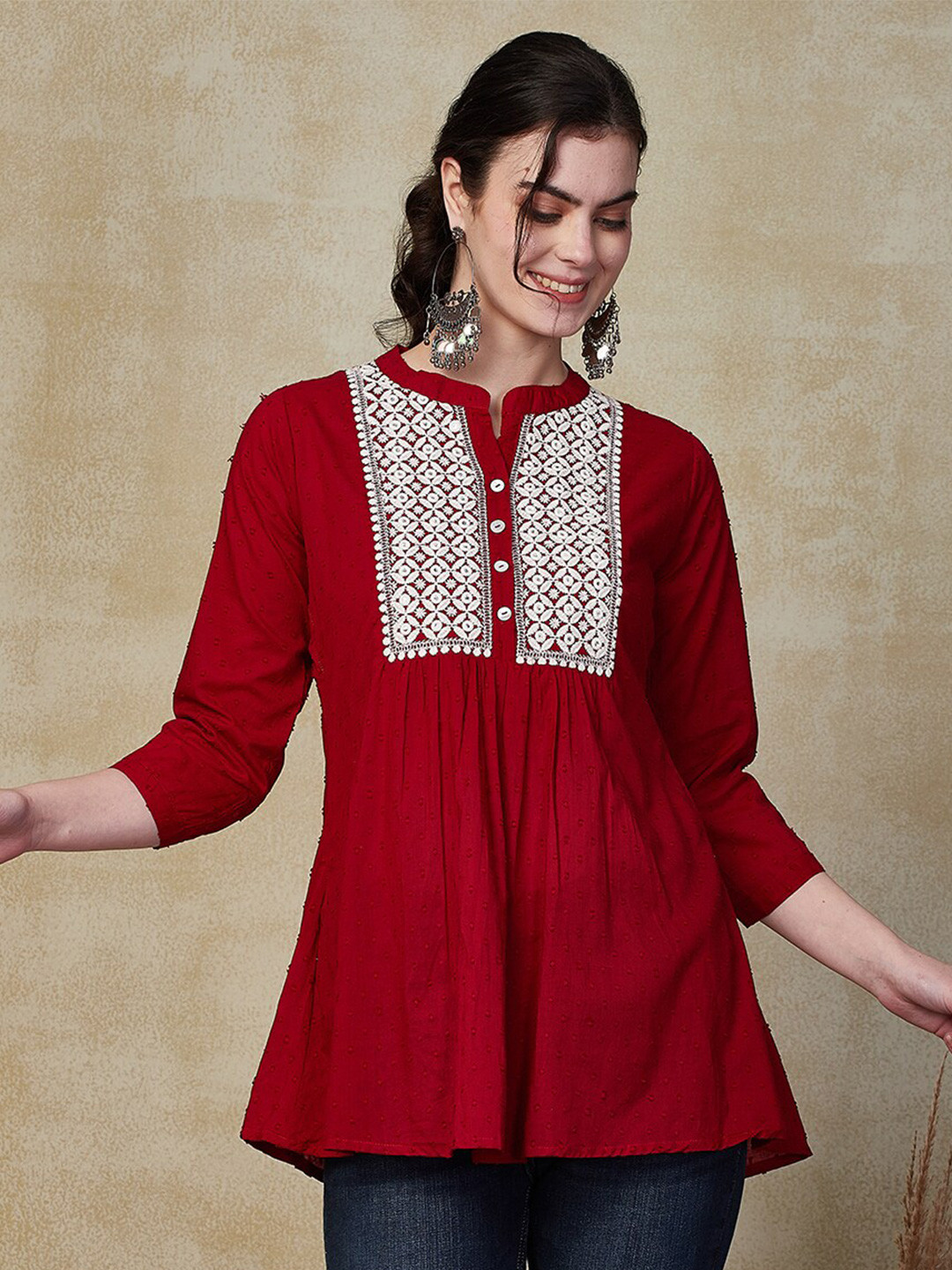 

FASHOR Embroidered Mirror Work Pure Cotton Mandarin Collar Kurti, Maroon