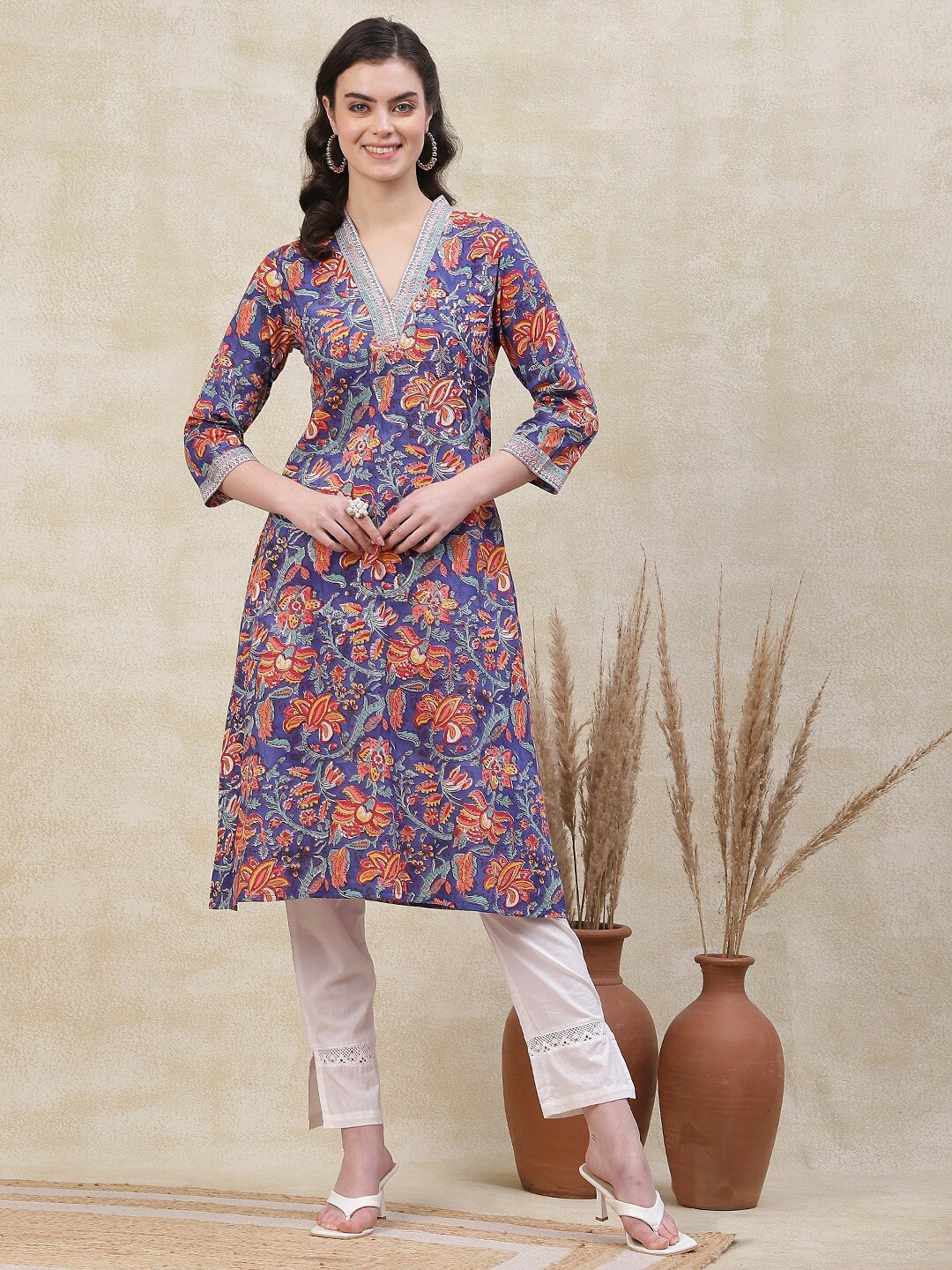 

FASHOR Floral Printed Straight Kurta, Blue