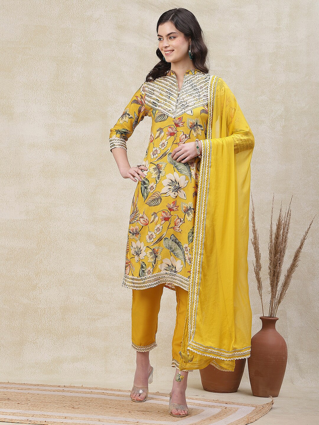 

FASHOR Floral Printed Patchwork Kurta With Trousers & Dupatta, Yellow