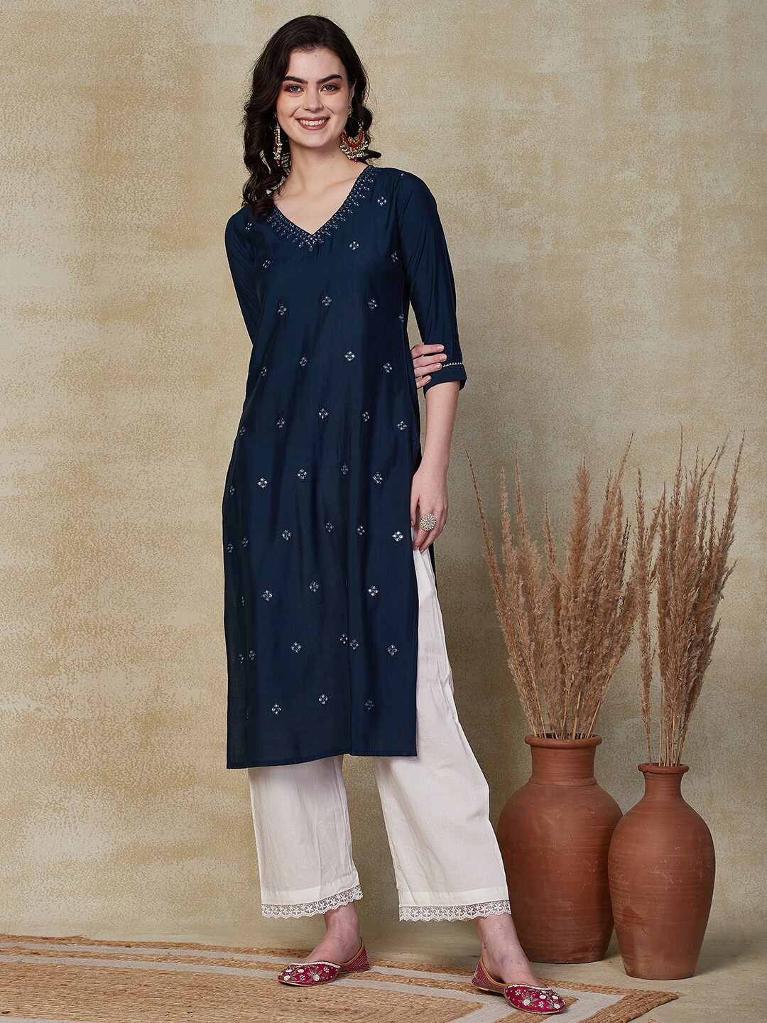 FASHOR V Neck Mirror Work Embroidered Straight Fit Kurta, Teal