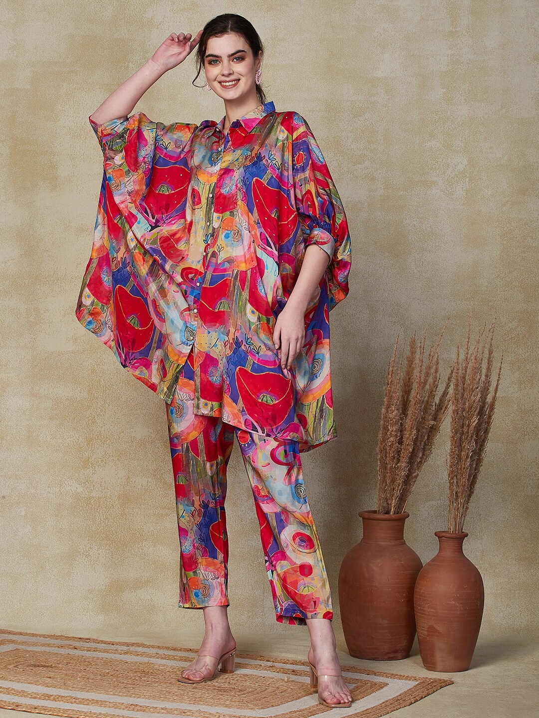 

FASHOR Abstract Printed Sequined Tunic with Trousers, Red