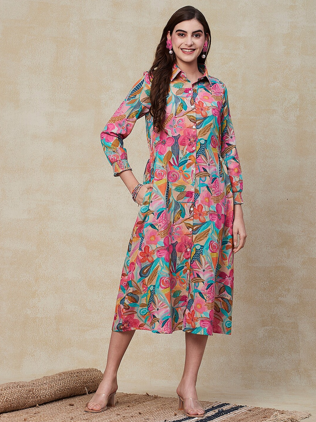 

FASHOR Pink Printed Puff Sleeve Shirt Midi Dress, Cream