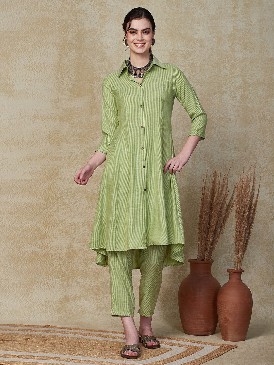 

FASHOR Striped Shirt Collar Panelled Knee Length A-Line Kurta with Trousers, Green