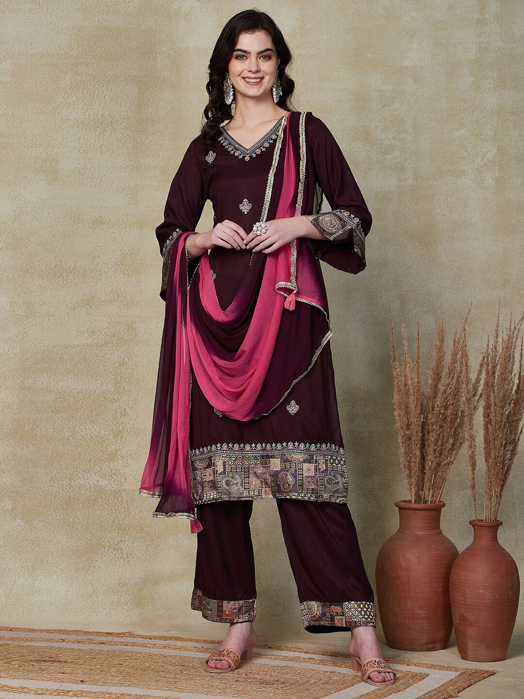 

FASHOR Floral Embroidered Regular Thread Work Kurta with Trousers & Dupatta, Mauve