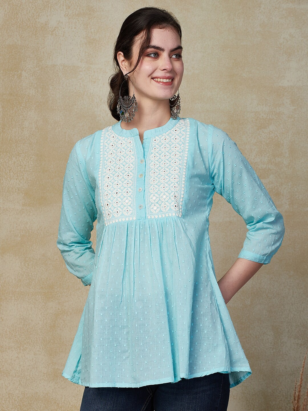 

FASHOR Embroidered Mirror Work Pure Cotton Mandarin Collar Kurti, Blue