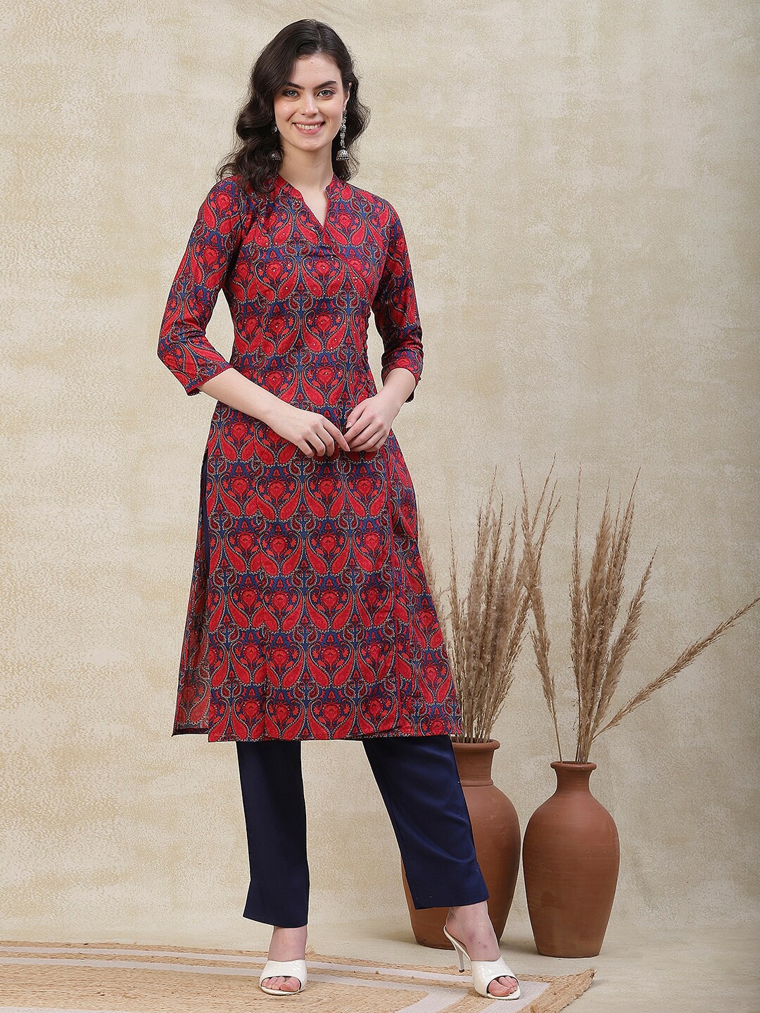 

FASHOR Paisley Printed Sequinned Crochet Lace Embellished Cotton Angrakha Styled Kurta, Red