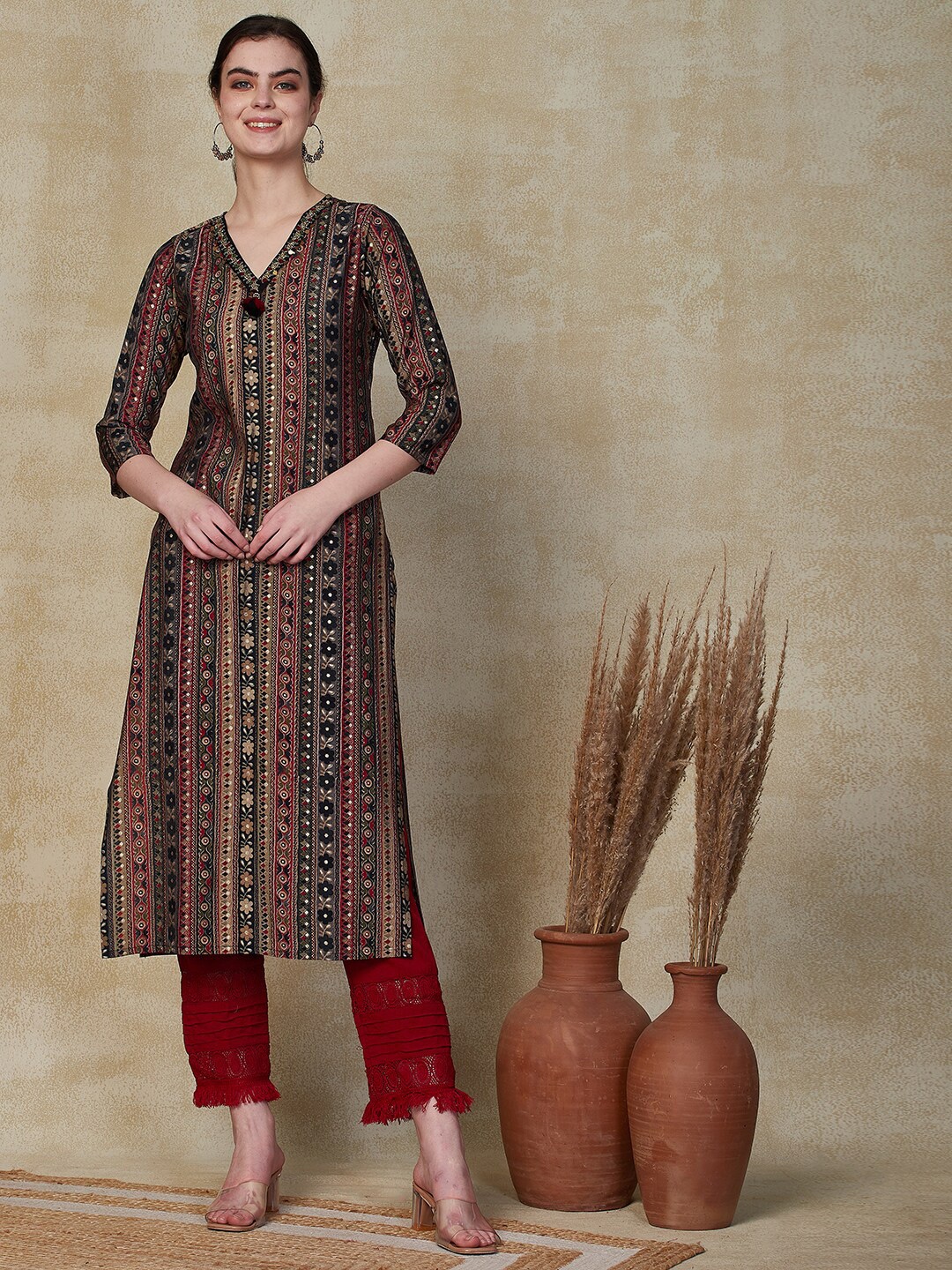 

FASHOR Printed V Neck Cutdana & Beads Embroidered Kurta, Red