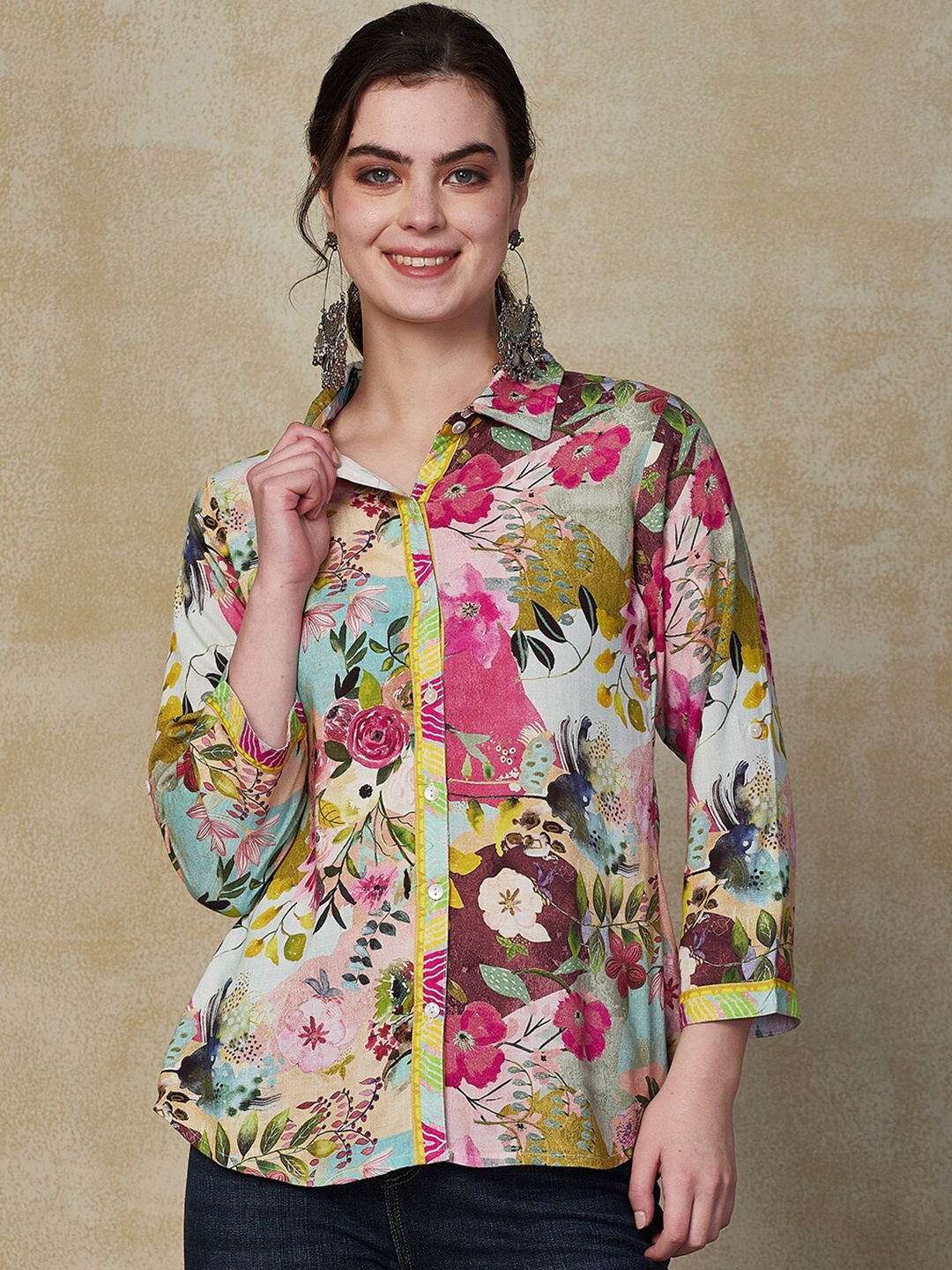 

FASHOR Floral Printed Spread Collar Regular Fit Straight Casual Shirt, Pink