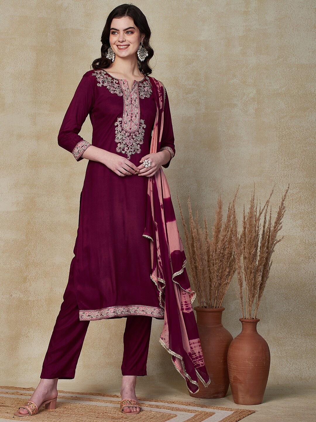

FASHOR Floral Yoke Design Regular Mirror Work Kurta with Trousers & With Dupatta, Maroon