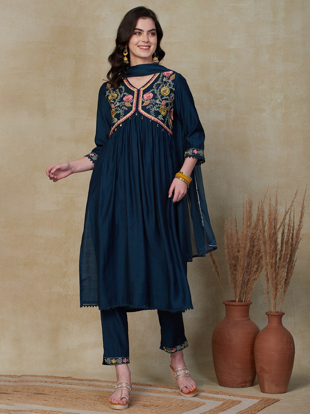 

FASHOR Floral Embroidered Pleated Kurta with Trousers & Dupatta, Teal
