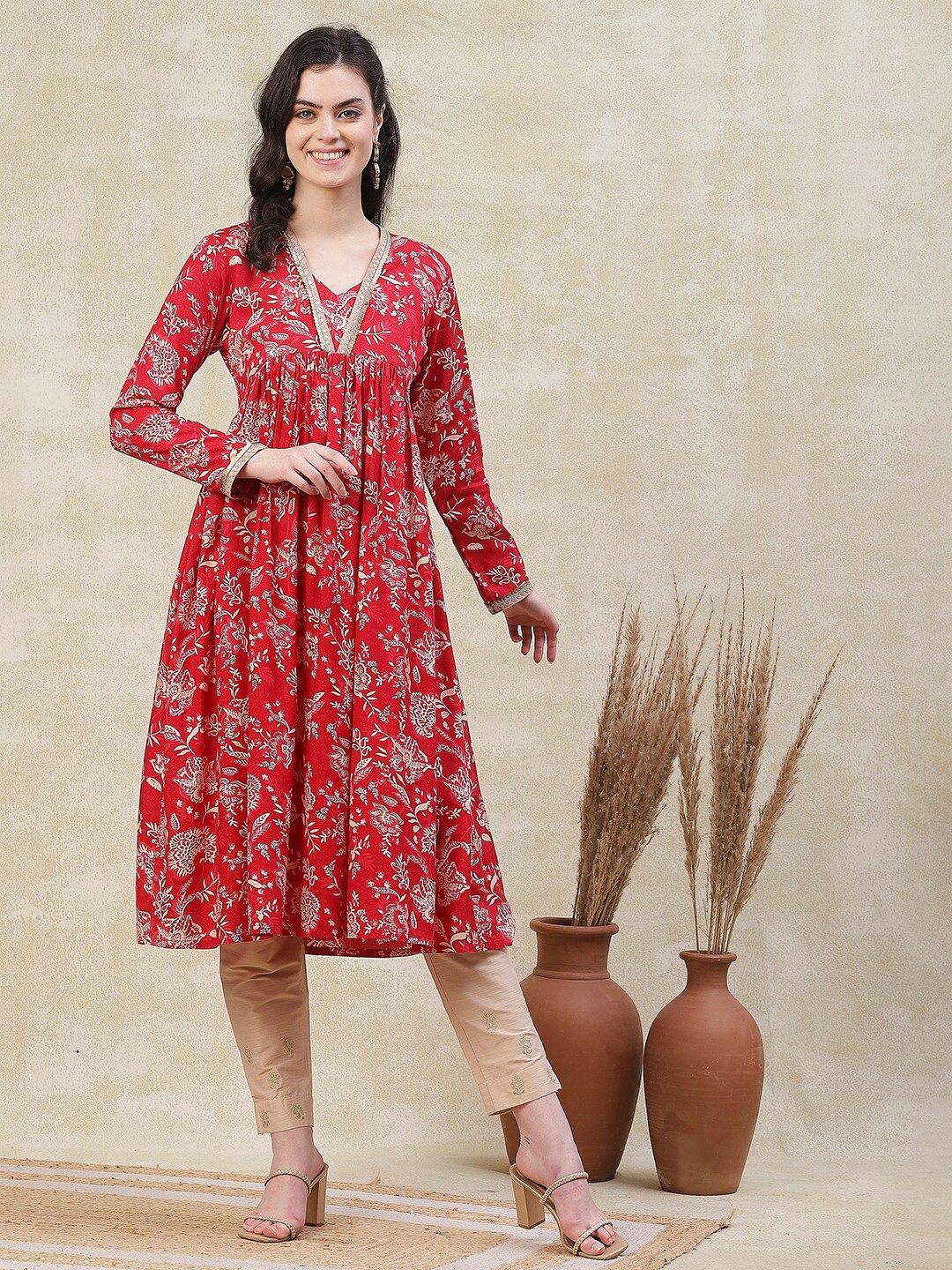 

FASHOR Ethnic Motifs Printed Kurta, Red