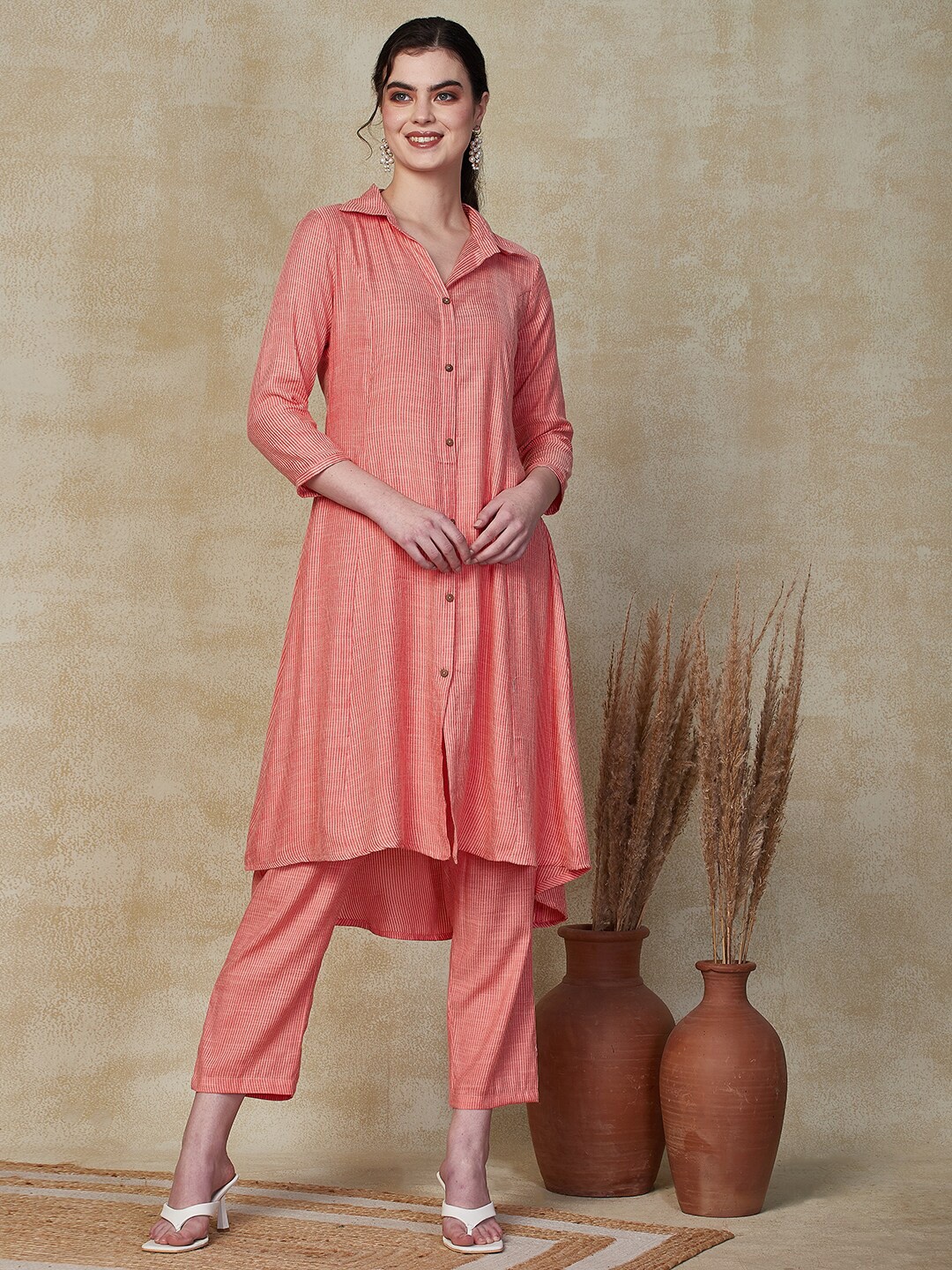 

FASHOR Striped A-Line Kurta with Trousers, Pink