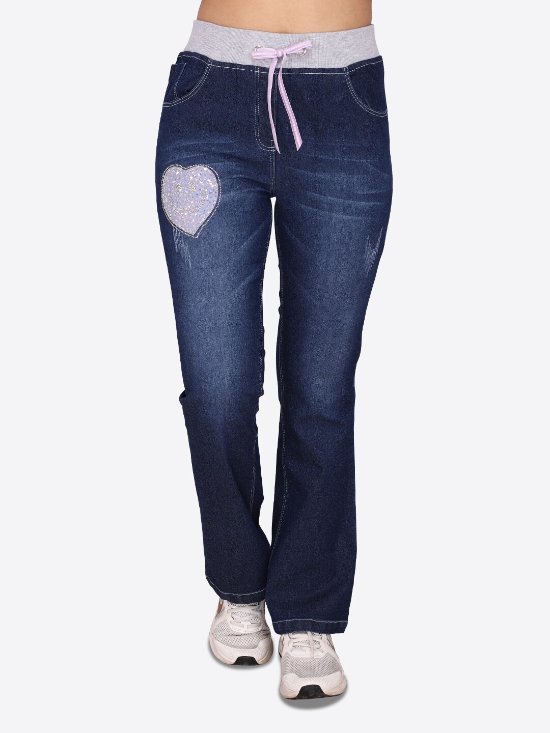 

CUTECUMBER Girls Embellished Whiskers & Chevrons Clean Look Cotton Jeans, Blue