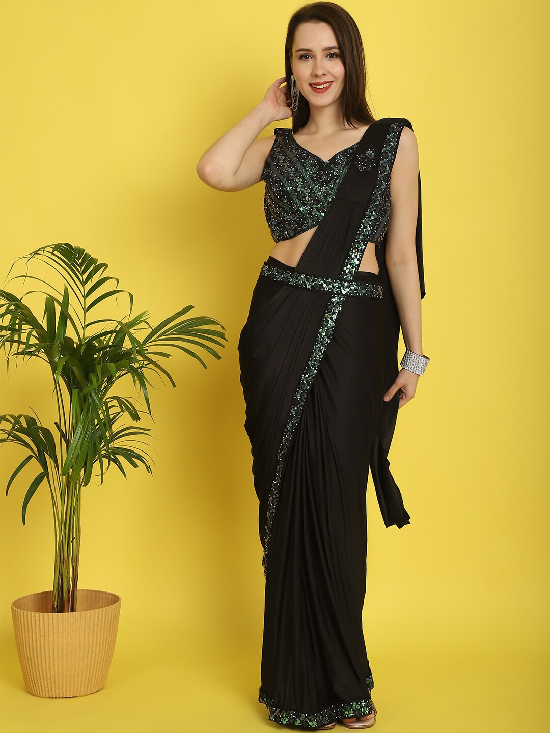 

Mitera Embroidered Ready to Wear Saree, Black