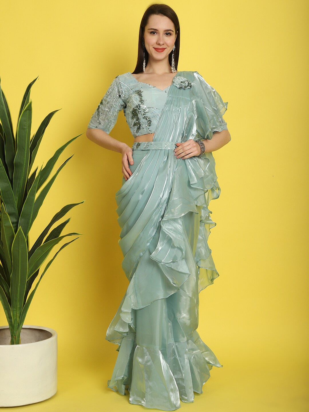 

Mitera Sequinned Organza Ready to Wear Leheriya Saree, Sea green