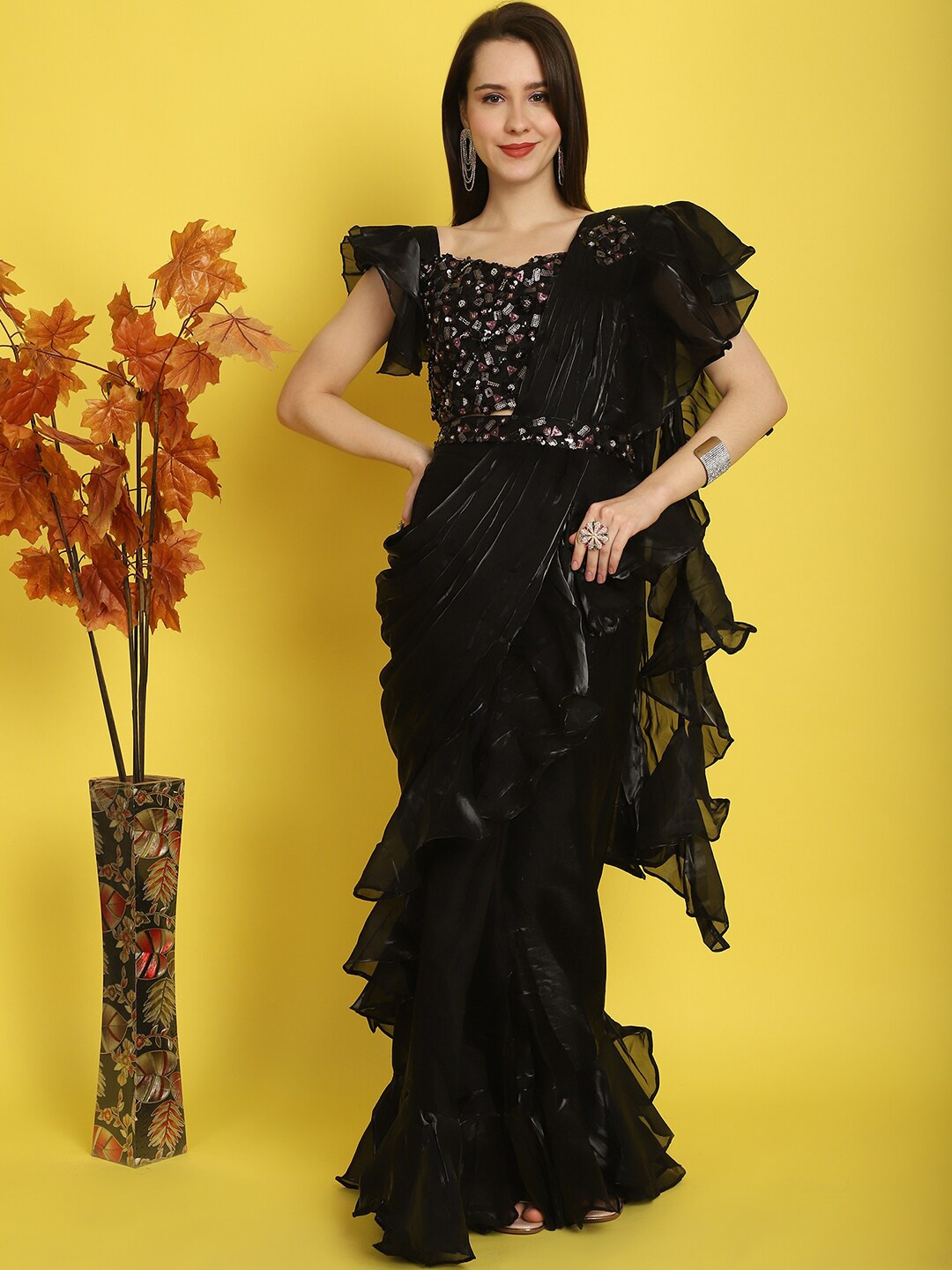 

Mitera Sequinned Organza Ready to Wear Saree With Belt, Black