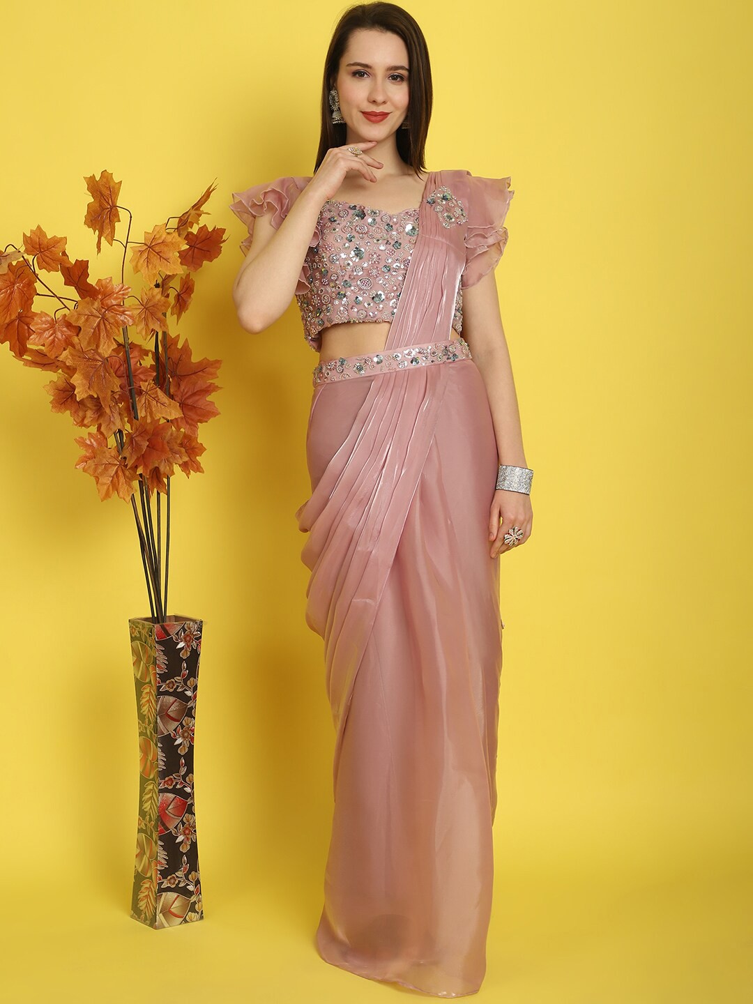 

Mitera Embroidered Organza Ready to Wear Saree With Belt, Pink