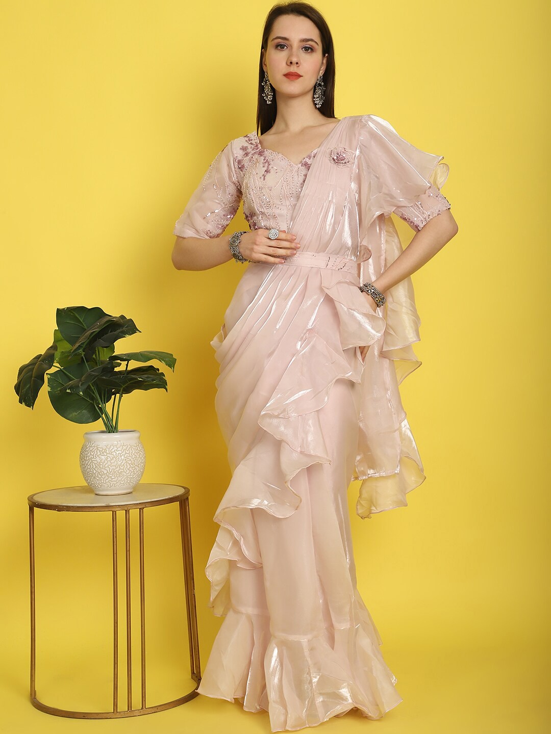 

Mitera Sequinned Organza Ready to Wear Saree With Belt, Pink