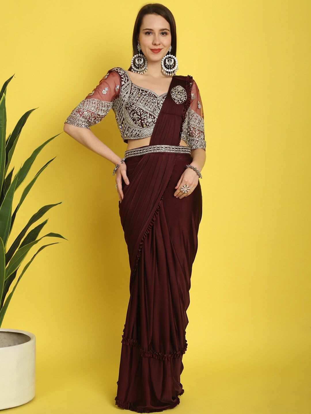 

Mitera Embellished Ready to Wear Saree With Belt, Burgundy