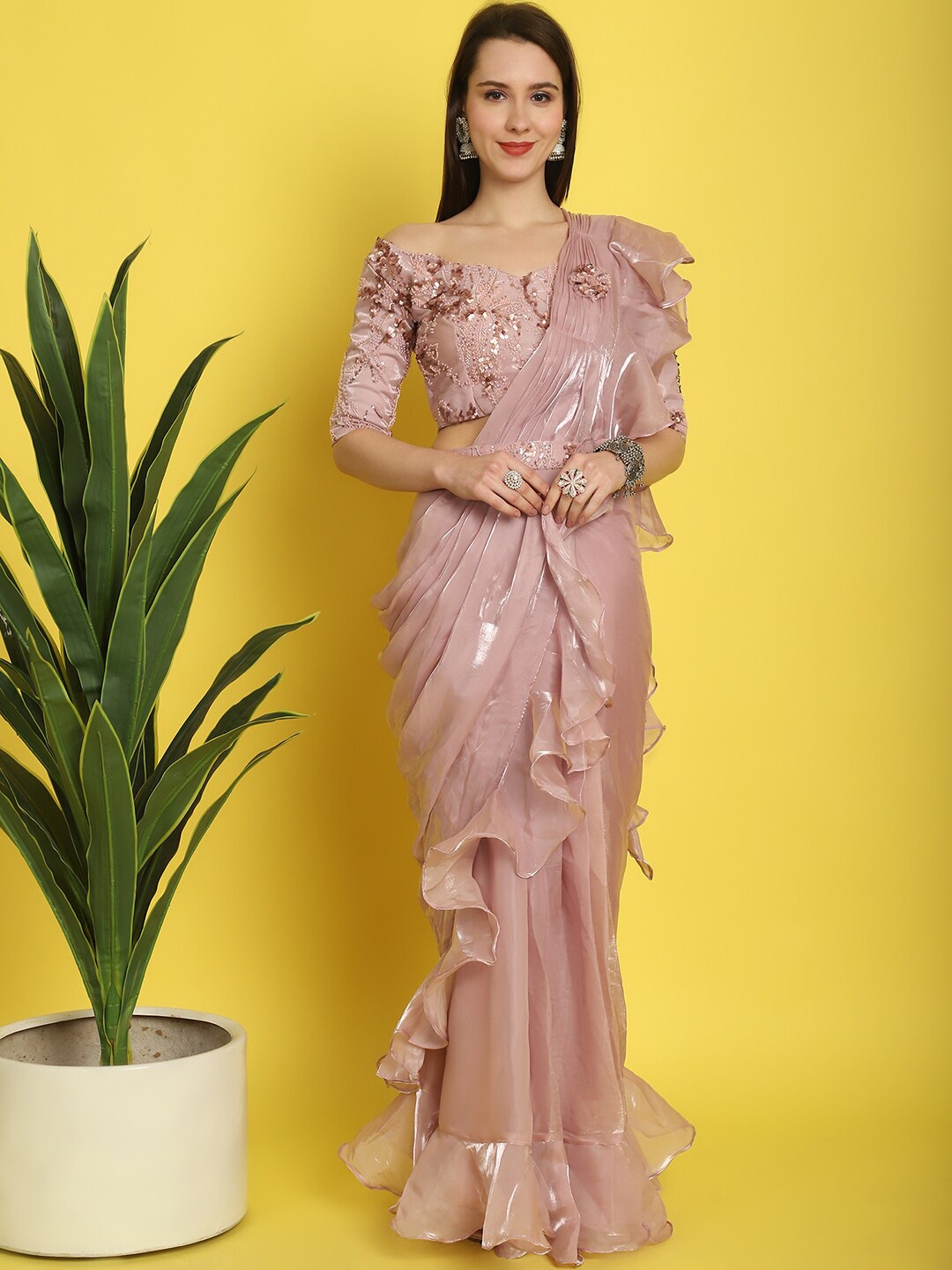 

Mitera Sequinned Organza Ready to Wear Saree With Belt, Mauve
