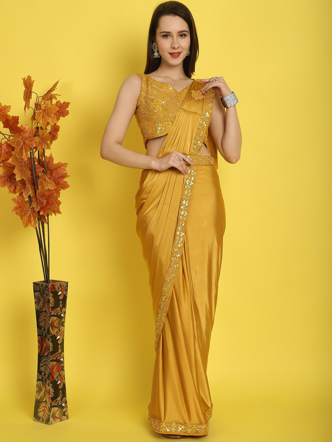 

Mitera Sequinned Embellished Ready to Wear Saree With Belt, Yellow