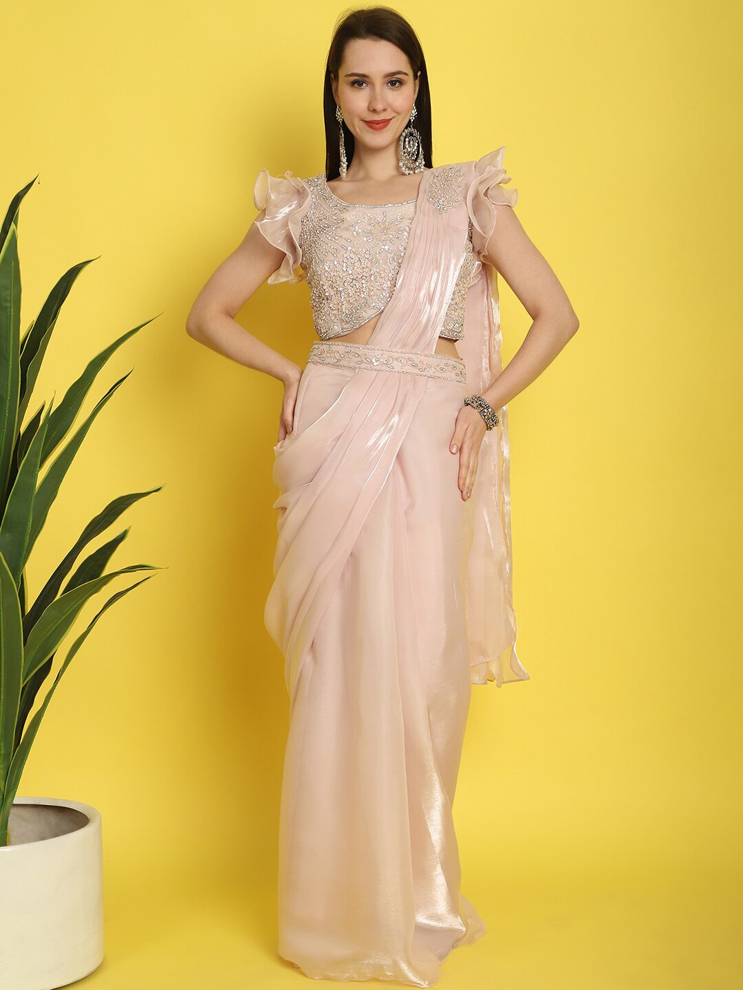 

Mitera Embellished Organza Ready to Wear Saree With Belt, Peach