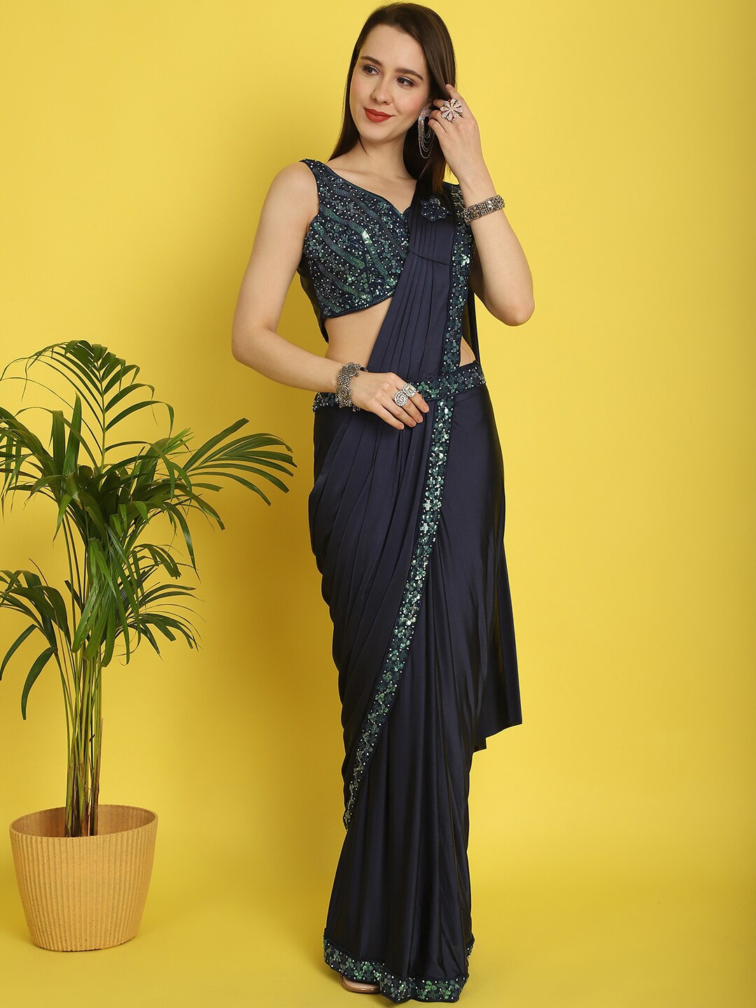 

Mitera Blue Sequinned Embellished Ready to Wear Saree With Belt