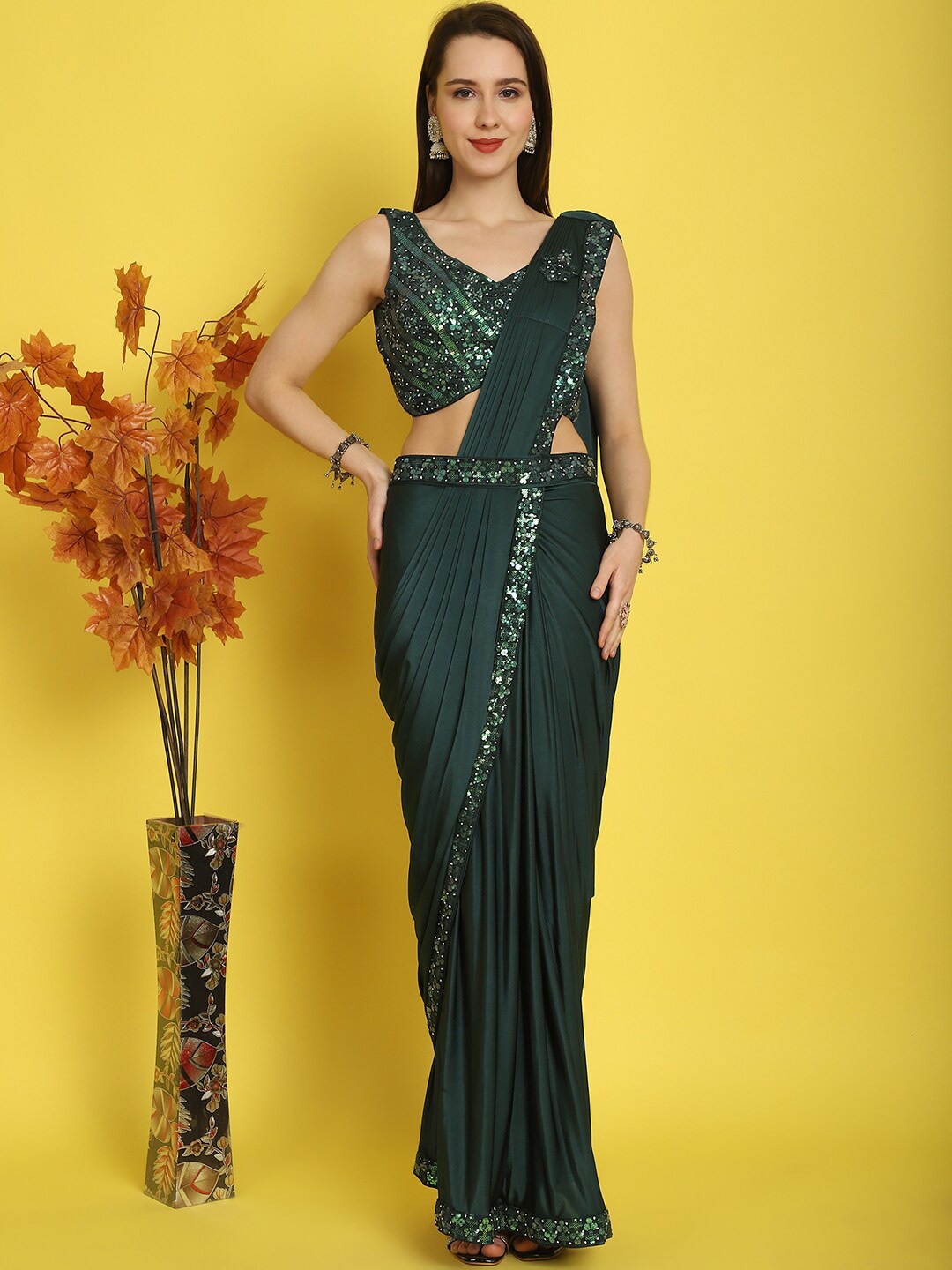 

Mitera Sequinned Embellished Ready to Wear Saree With Belt, Green