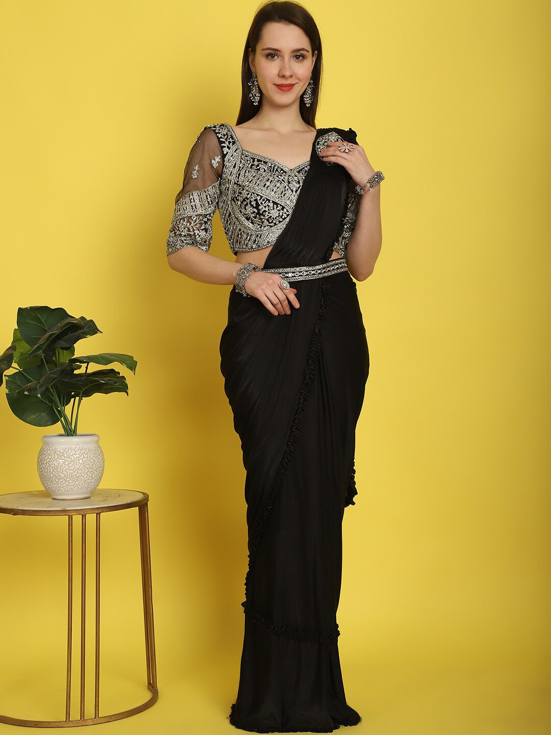 

Mitera Embellished Ready to Wear Saree With Belt, Black