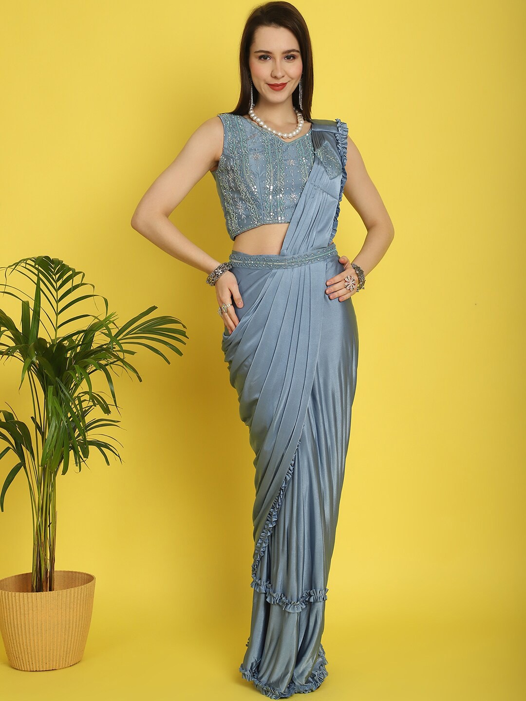 

Mitera Sequinned Ready to Wear Saree With Belt, Blue